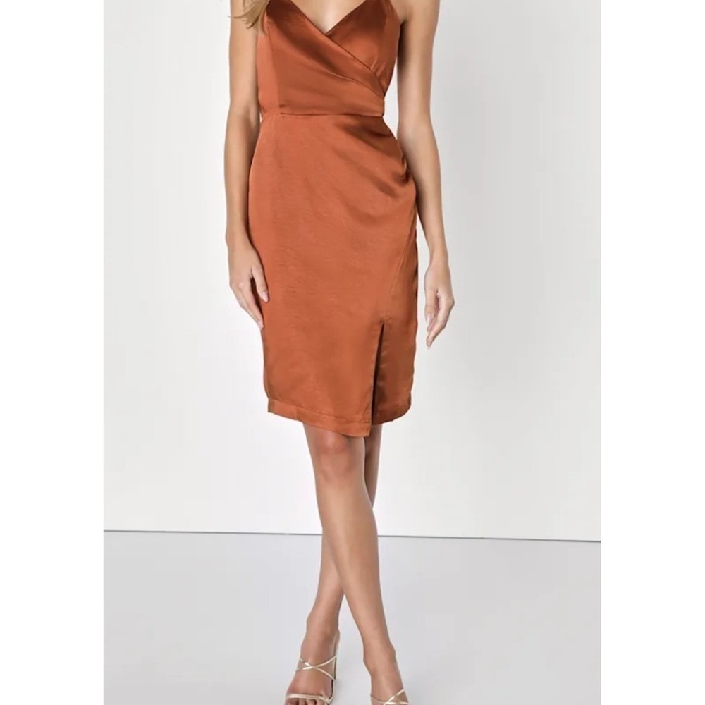 Lulus Rust Copper Satin Wrap Midi Dress V-Neck Crisscross Back Size S NWT